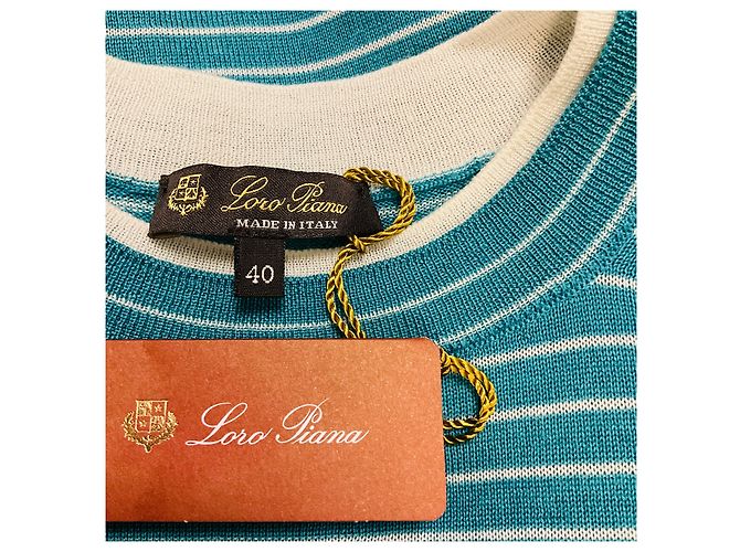 Loro Piana Kurzarm-Pullover aus Kaschmir und Seide mit Rundhalsausschnitt in Teal / Weiß gestreift Fontvieille Girocollo Blau - Ansicht 4
