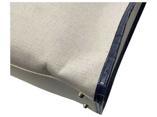 Autre Marque Borsa Tote Martina in lino beige / blu navy e coccodrillo di Maria Oliver - vista 13