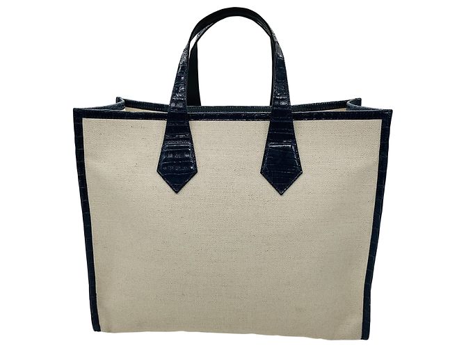 Autre Marque Borsa Tote Martina in lino beige / blu navy e coccodrillo di Maria Oliver - vista 3