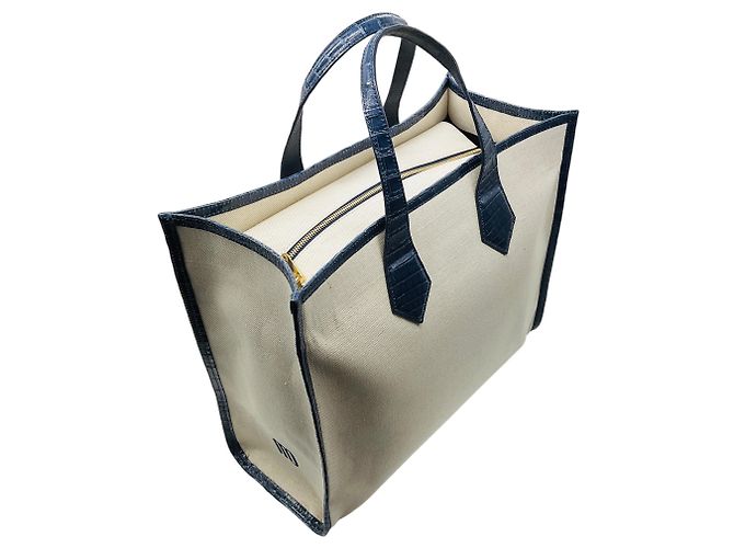 Autre Marque Borsa Tote Martina in lino beige / blu navy e coccodrillo di Maria Oliver - vista 5