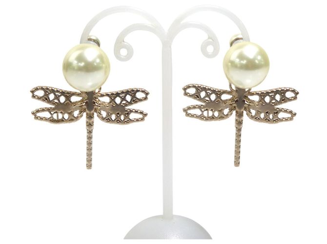Pendientes colgantes diseño libélula Christian Dior Plata Dorado Blanco roto - vista 2