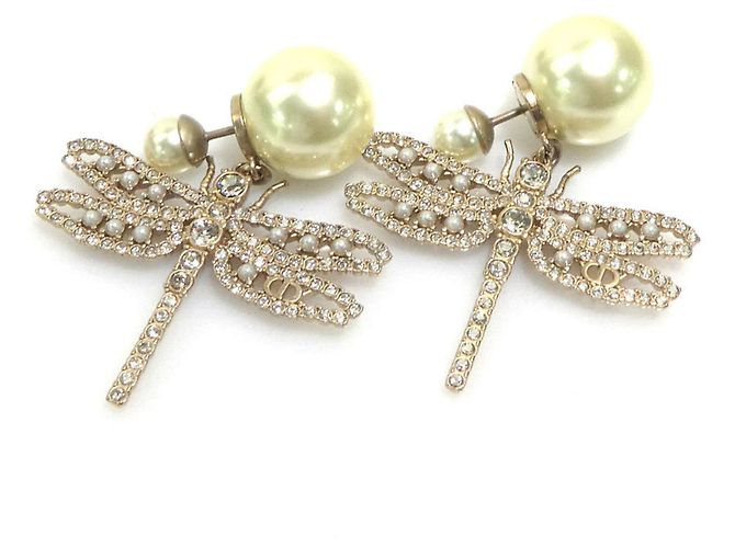 Pendientes colgantes diseño libélula Christian Dior Plata Dorado Blanco roto - vista 3