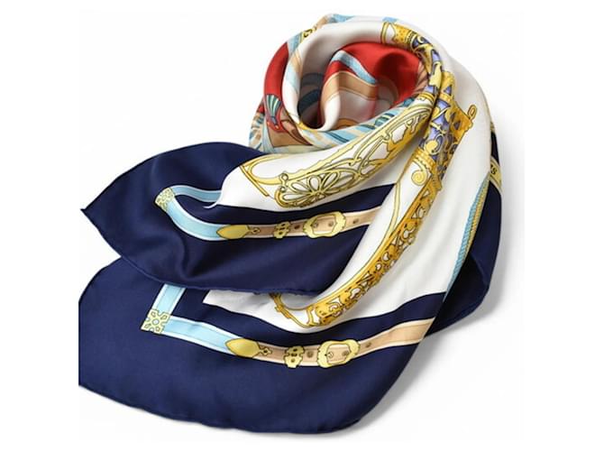 Sciarpa Hermès "LES MUSEROLLES" Bianco Blu navy - vista 3