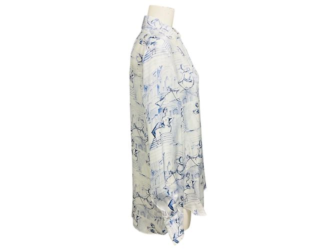 Khaite Cream / Blue Minta Graphic Print Button Front Satin Blouse - view 2