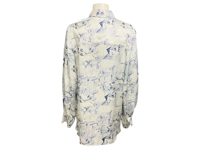 Khaite Cream / Blue Minta Graphic Print Button Front Satin Blouse - view 3