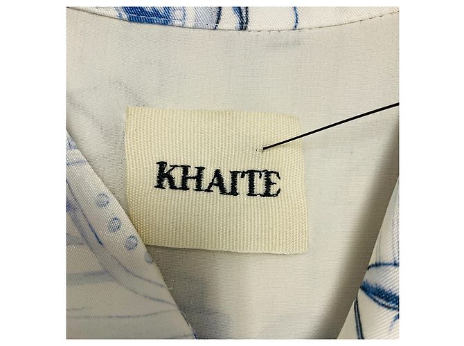 Khaite Cream / Blue Minta Graphic Print Button Front Satin Blouse - view 4