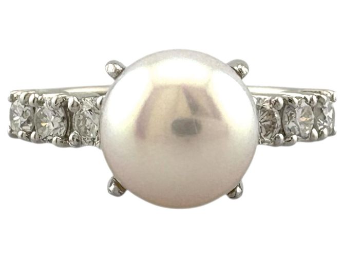 Autre Marque Platinbandring mit Diamant und Perle Silber - Ansicht 3