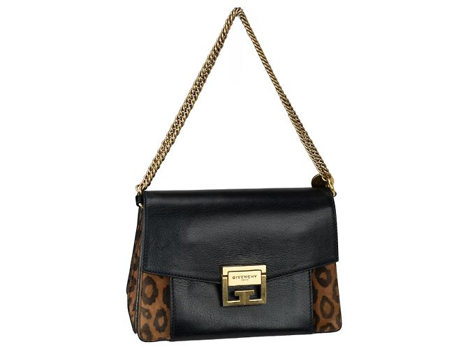 Borsa a spalla piccola Givenchy GV3 in pelle nera e suede leopardato Marrone Blu navy - vista 2