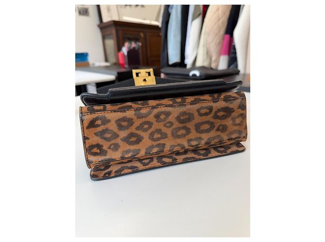 Borsa a spalla piccola Givenchy GV3 in pelle nera e suede leopardato Marrone Blu navy - vista 3