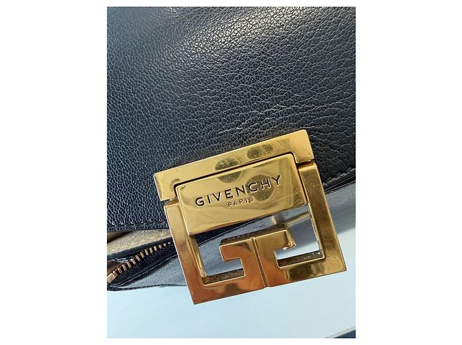 Borsa a spalla piccola Givenchy GV3 in pelle nera e suede leopardato Marrone Blu navy - vista 5
