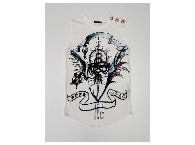 Top Balmain blanco de algodón con estampado gráfico y botones dorados - vista 3
