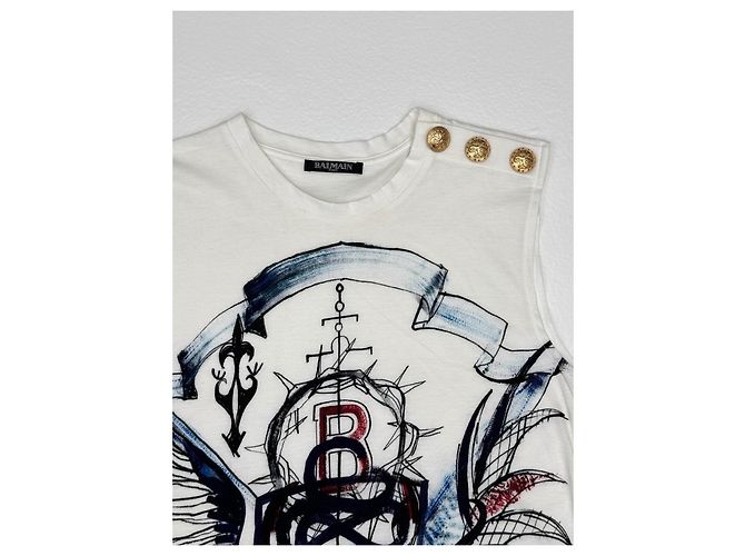 Top Balmain blanco de algodón con estampado gráfico y botones dorados - vista 5