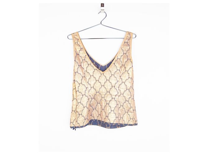 Conjunto de top de brocado de seda dourada e saia midi Prada SS02 Dourado - vista 4