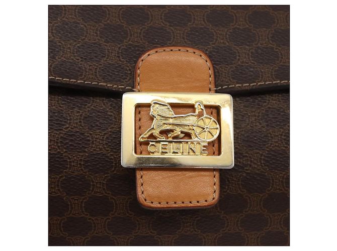 Céline Borsa in tela Macadam Celine con motivo carrozza in PVC pelle marrone oro Auth 177443A - vista 14