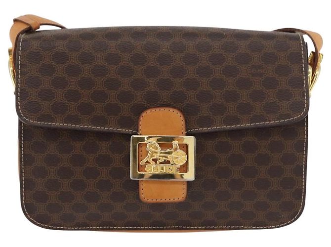 Céline Borsa in tela Macadam Celine con motivo carrozza in PVC pelle marrone oro Auth 177443A - vista 2