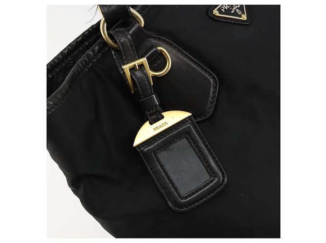 Borsa Tote PRADA in nylon e pelle nera dorata Auth am11435 Nero D'oro - vista 10