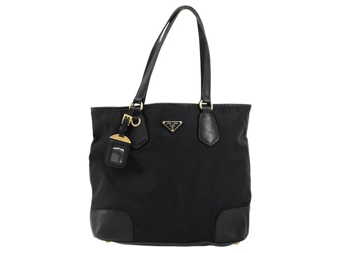Borsa Tote PRADA in nylon e pelle nera dorata Auth am11435 Nero D'oro - vista 13