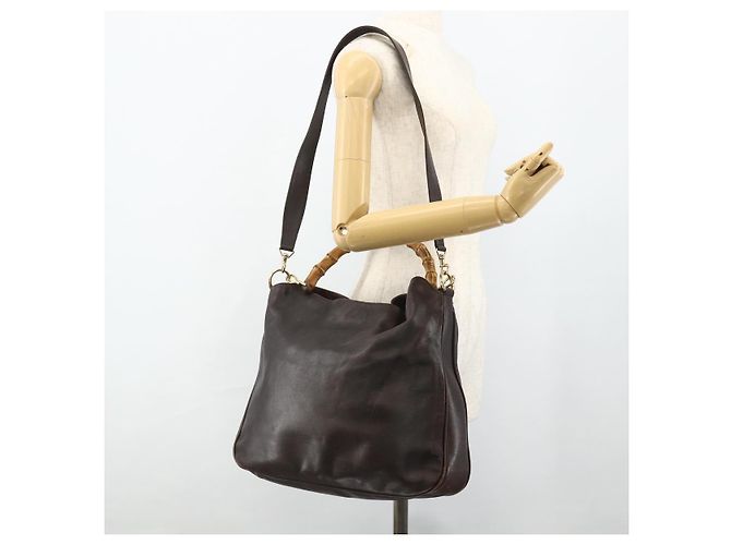 GUCCI Bamboo Hand Bag Leather 2way Brown Gold 001 2058 1577 0 Auth bs34732 Golden - view 23
