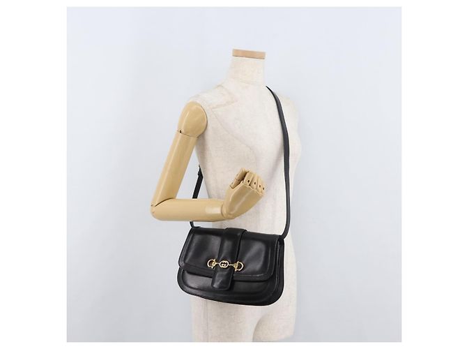 Gucci Borsa a Spalla Horsebit in Pelle Nera e Oro Auth ep14024 Nero D'oro - vista 22