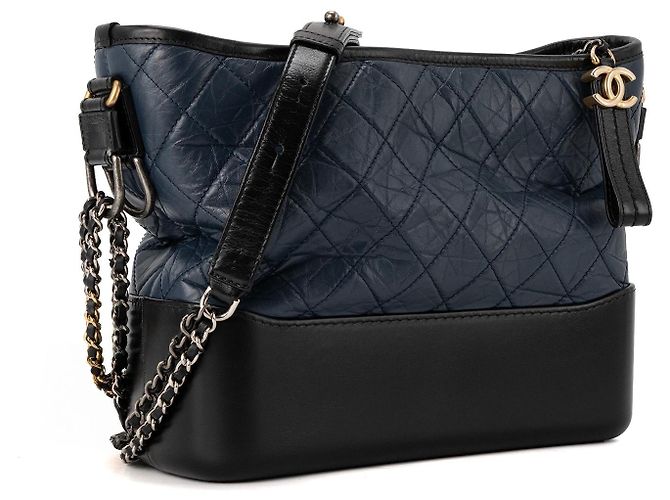 CHANEL - Borsa a Spalla Gabrielle Chanel in Pelle Pieghettata Blu Navy e Nera - vista 2