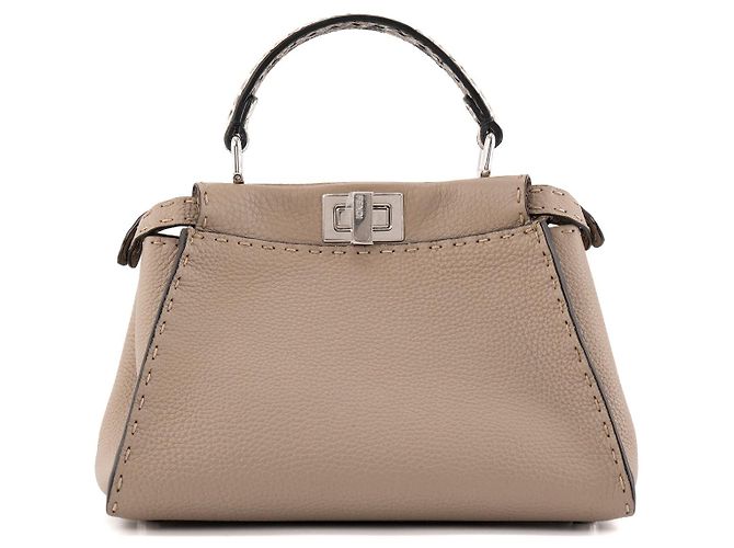 FENDI - Bolsa de Ombro Peekaboo Mini Fendi em Couro Texturizado Taupe com Alça de Python Marrom - vista 3