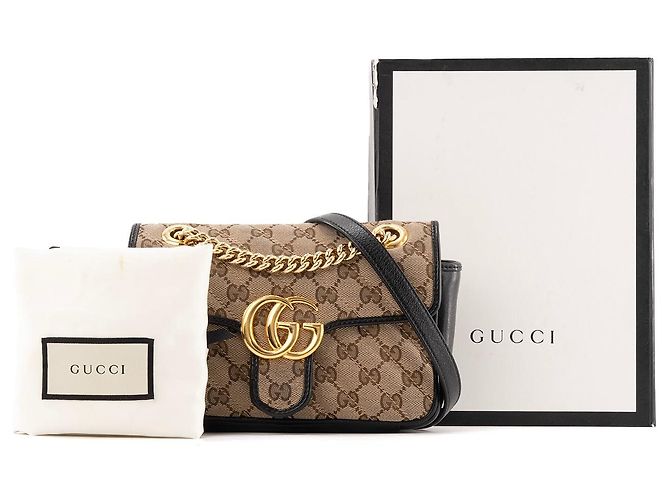 GUCCI - Borsa a spalla Marmont piccola in tela e pelle nera Marrone - vista 8