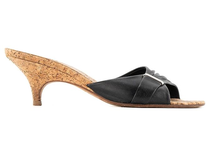 CHANEL - Mules con tacco Chanel in pelle nera e sughero marrone (T37) Nero - vista 2
