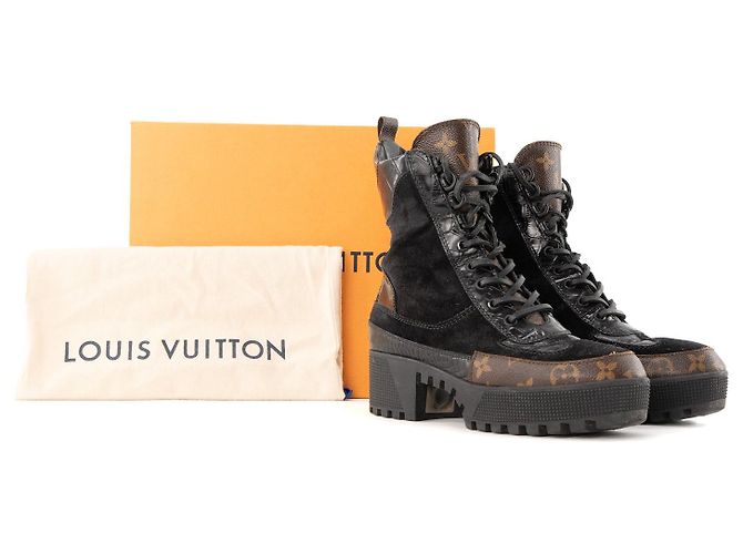 LOUIS VUITTON - Stivaletti Lauréate Louis Vuitton in tela monogrammata e pelle nera (T38) Marrone - vista 10