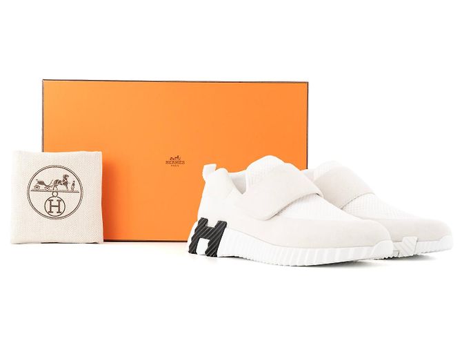 HERMÈS - Sneakers H Hermès in tela e camoscio color ecru e bianco (T35) - vista 6