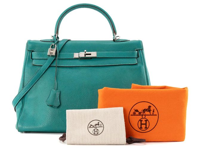 HERMÈS - Kelly 35 Handtasche aus Mysore Ziegenleder Pfauenblau - Ansicht 10