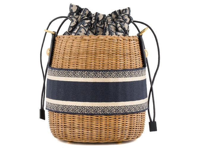 DIOR - Borsa a Spalla Bucket Dior in Vimini e Tela Blu Marino Marrone - vista 3