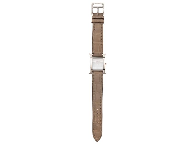 HERMÈS - Relógio Heure H PM em couro de jacaré taupe e metal prateado Bege - vista 2