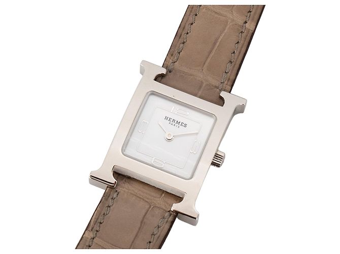 HERMÈS - Relógio Heure H PM em couro de jacaré taupe e metal prateado Bege - vista 3