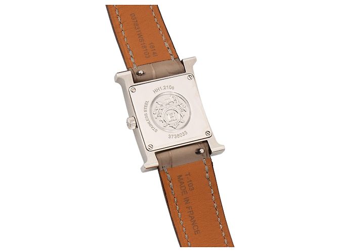 HERMÈS - Relógio Heure H PM em couro de jacaré taupe e metal prateado Bege - vista 4