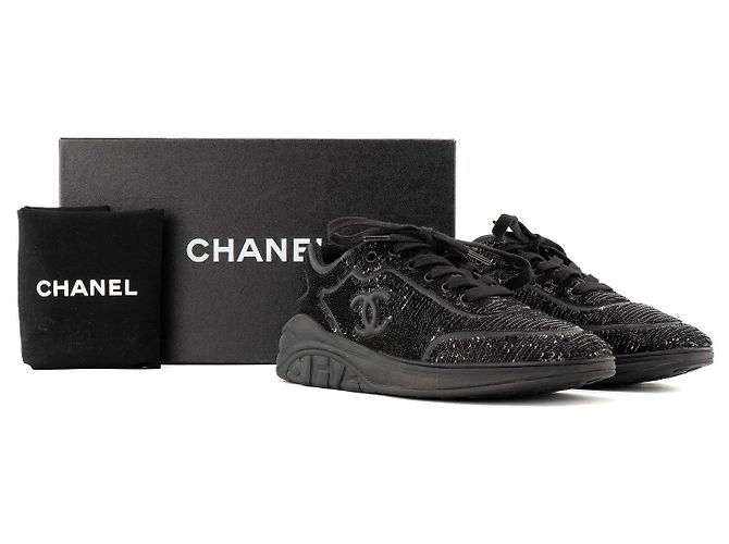 CHANEL - Sneakers CC Chanel in paillettes e pelle nera liscia (Taglia 40) - vista 7