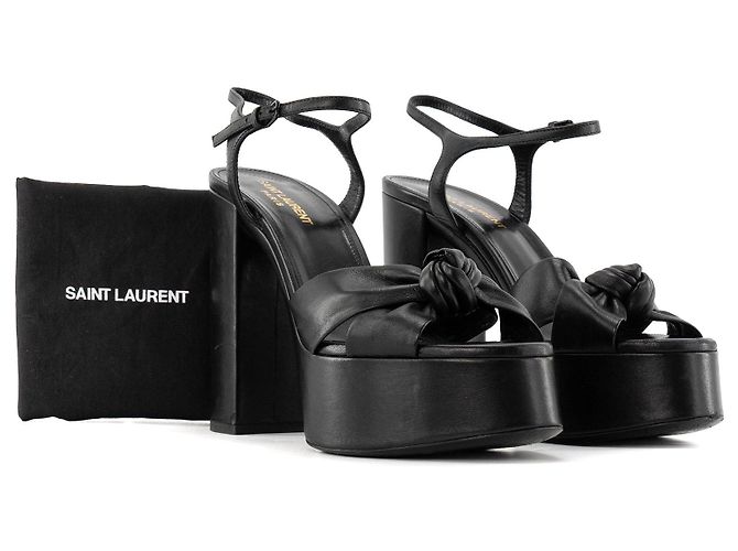 SAINT LAURENT - Sandali con piattaforma Bianca Saint Laurent in pelle nera liscia (T39) Nero - vista 7