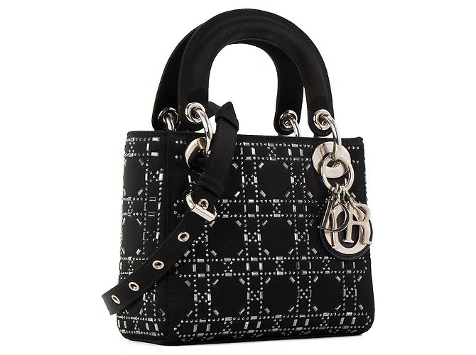 DIOR - Borsa a Spalla Lady Dior Mini in Satin Nero con Strass - vista 2