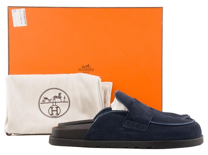 HERMÈS - Mules Go Hermès in suede blu navy (T41) - vista 6