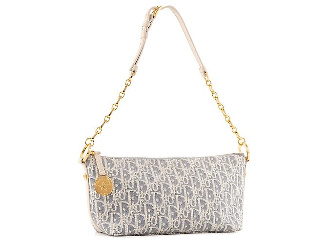 DIOR - Borsa a spalla Hobo Diorstar con catena Dior in tela blu e pelle bianca - vista 2