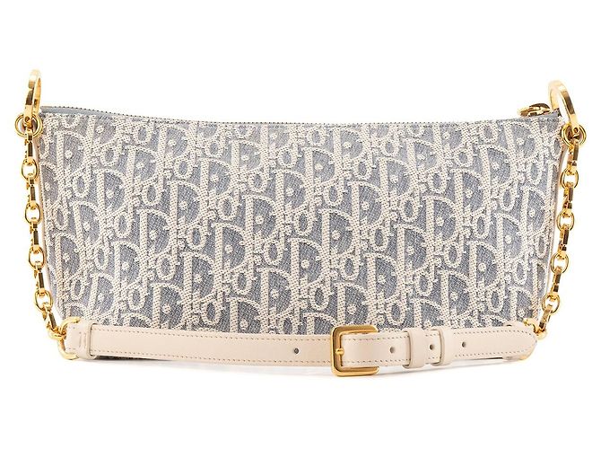 DIOR - Borsa a spalla Hobo Diorstar con catena Dior in tela blu e pelle bianca - vista 3