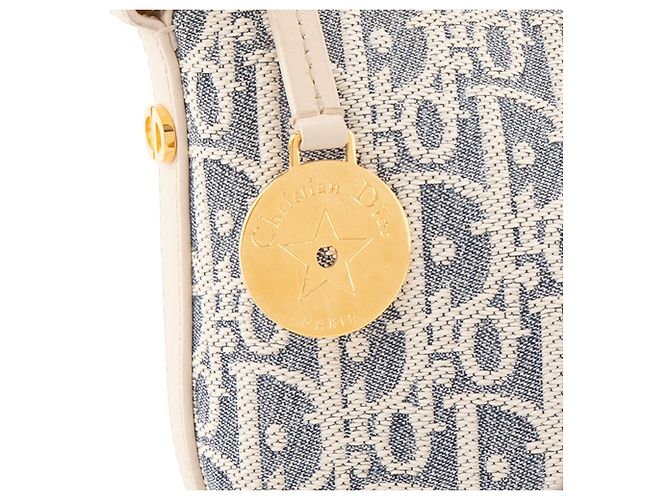 DIOR - Borsa a spalla Hobo Diorstar con catena Dior in tela blu e pelle bianca - vista 5