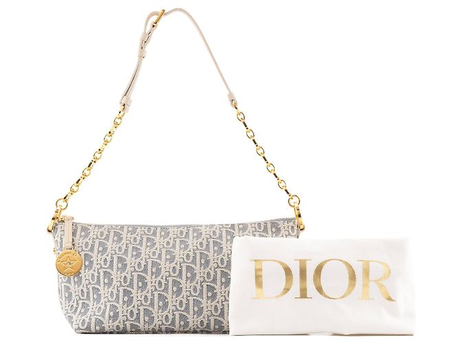 DIOR - Borsa a spalla Hobo Diorstar con catena Dior in tela blu e pelle bianca - vista 8
