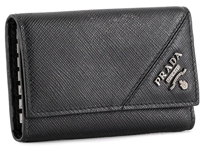 PRADA - Black grained leather key pouch Navy blue - view 2