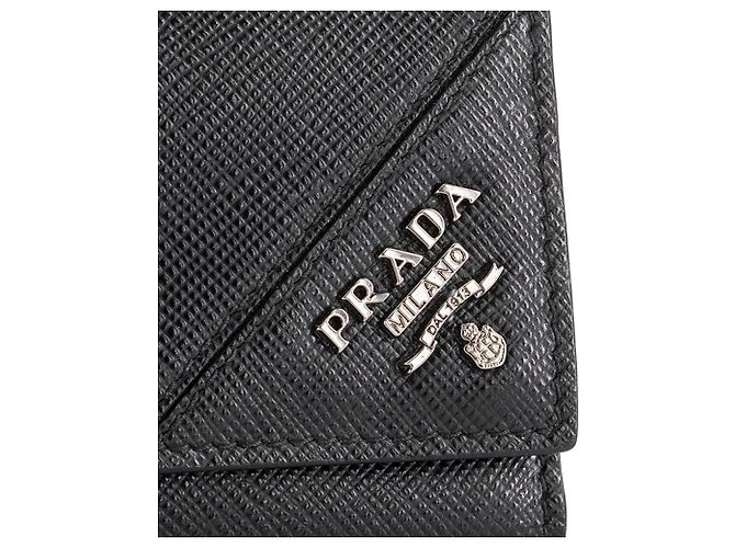 PRADA - Black grained leather key pouch Navy blue - view 5