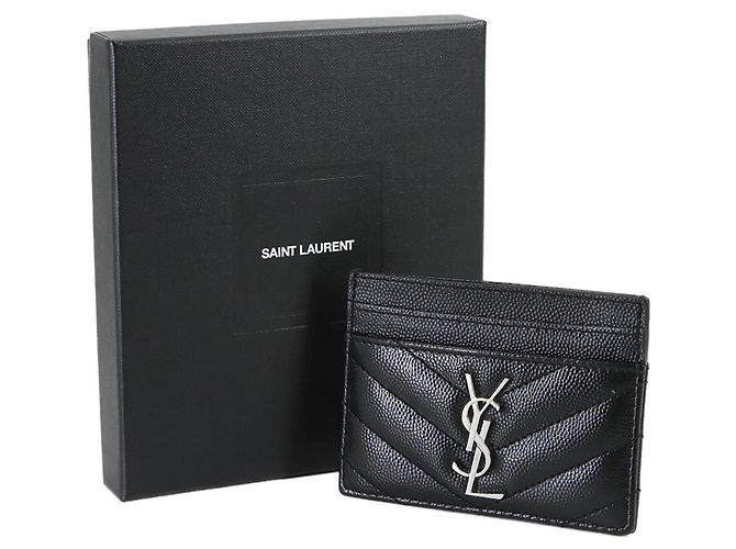 Saint Laurent Cassandra Business Card Holder/Card Case, Leather, Black, Case - view 2