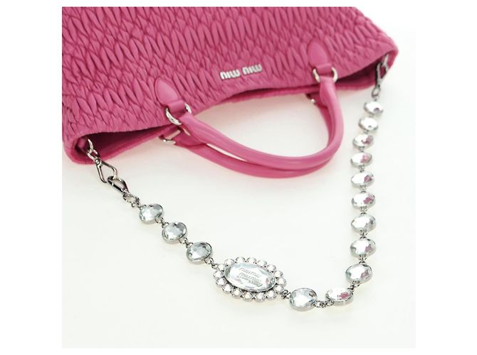 Borsa a mano in pelle matelassé Miu Miu con cristalli 2 in 1 Rosa Argento RN0896 Auth am11397M - vista 8