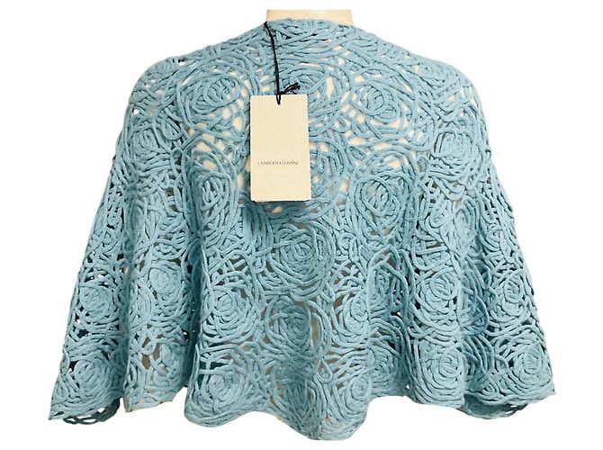 Poncho / Pullover aus Cashmere mit Häkelstrick in Puderblau von Lamberto Losani - Ansicht 3