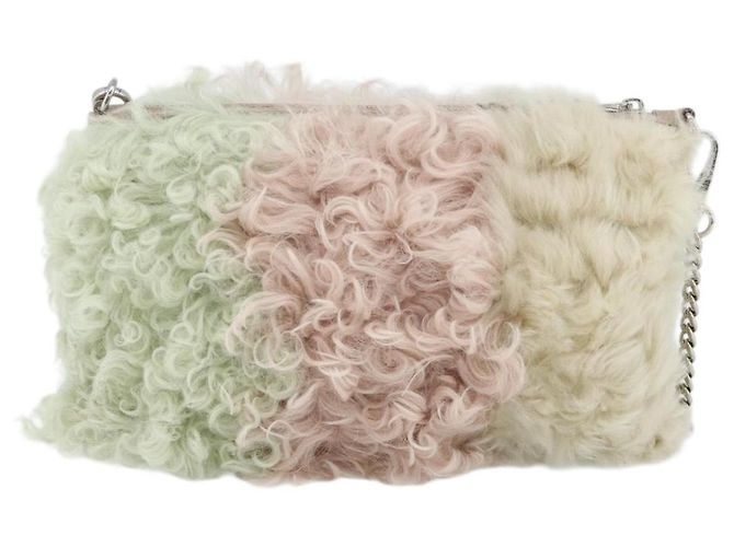 Borsa a Spalla Miu Miu con Catena in Pelliccia Rosa Bianco Verde Auth 168873A - vista 2