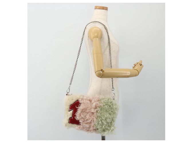 Borsa a Spalla Miu Miu con Catena in Pelliccia Rosa Bianco Verde Auth 168873A - vista 23