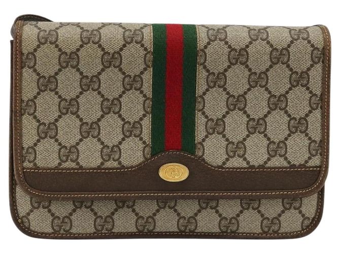 Borsa a Spalla Gucci GG Supreme Web Sherry Line PVC Beige Oro Auth BA12265 D'oro - vista 2